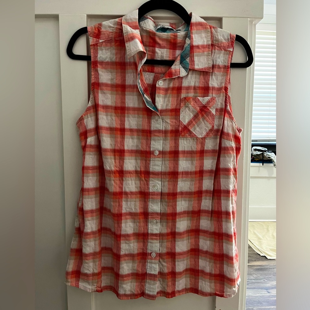 Coral and white plaid sleeveless shirt from Prana